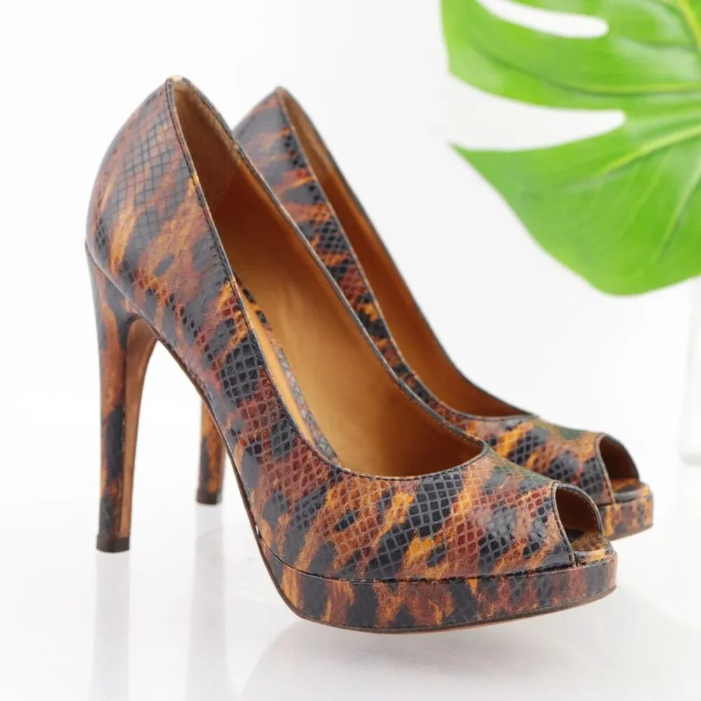 Michael Kors Womens Pumps Size 7 M Brown Tan Python Platform Heel Peep Toe Shoes - Picture 11 of 13